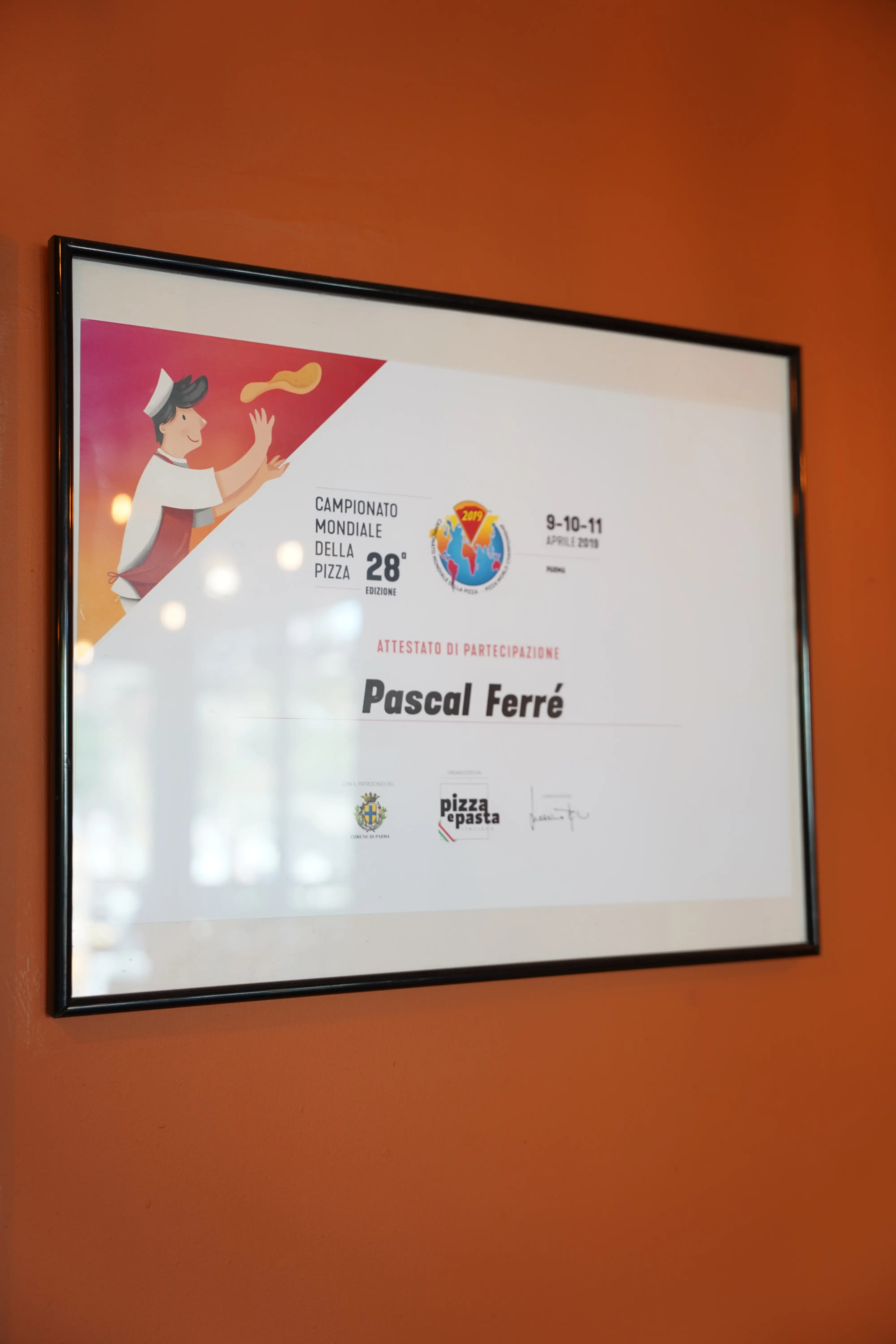 Attestation de participation au Campionato Mondiale della Pizza de Pascal Ferré